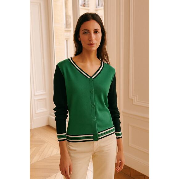 Talbots Sweaters - Talbots Green Navy Cotton Blend Button Cardigan Large